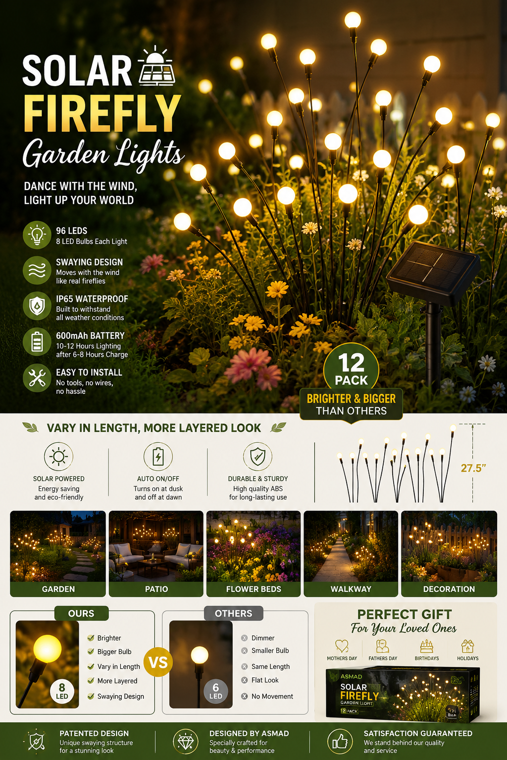 ASMAD Solar Garden Lights Outdoor 12-Pack Waterproof Firefly LED Lights ASMAD Solar Garden Lights 12-Pack featuring waterproof swaying firefly LED lights for outdoor garden, patio, pathway, and backyard decoration.