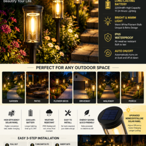 BITPOTT Bright Solar Pathway Lights Outdoor 8 Pack with warm white LED lighting installed along a garden pathway, providing elegant waterproof solar landscape lighting for lawns, patios, driveways, and walkways.