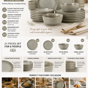 vancasso ANYA 24-piece stone grey stoneware dinnerware set with reactive glaze plates, pasta bowls and cereal bowls for six people