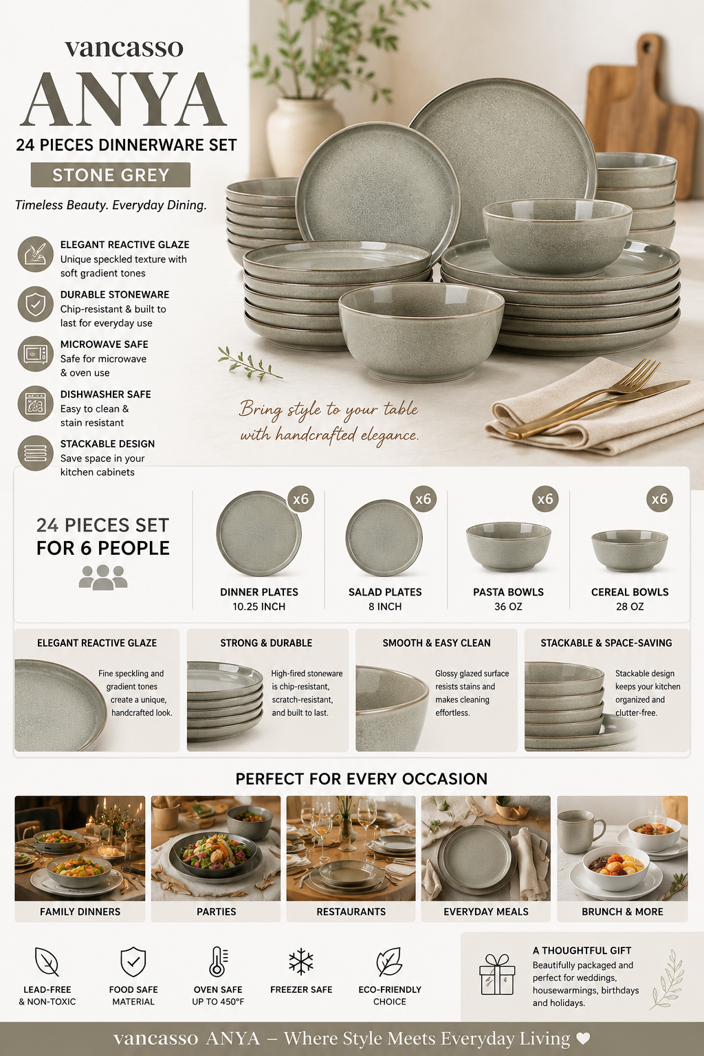 vancasso ANYA 24 Piece Stoneware Dinnerware Set for 6 vancasso ANYA 24-piece stone grey stoneware dinnerware set with reactive glaze plates, pasta bowls and cereal bowls for six people
