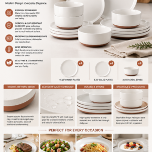 MALACASA TARA 12-piece white stoneware dinnerware set featuring ceramic dinner plates, salad plates, and cereal bowls for four people