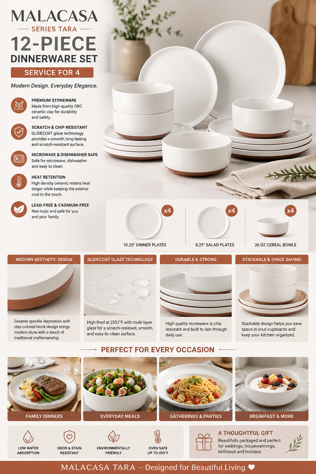 MALACASA TARA Modern White Stoneware Dinnerware Set for 4 MALACASA TARA 12-piece white stoneware dinnerware set featuring ceramic dinner plates, salad plates, and cereal bowls for four people