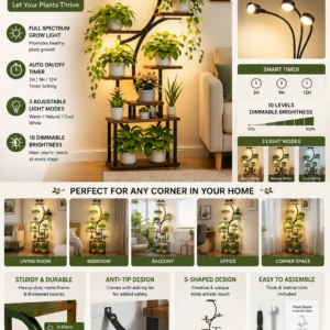 Modern 8-tier S-shaped indoor plant stand with full-spectrum grow lights displaying multiple potted plants in a living room corner.