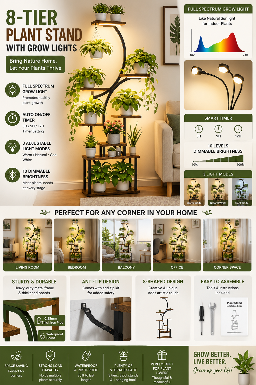 8-Tier Plant Stand with Grow Lights for Indoor Plants Modern 8-tier S-shaped indoor plant stand with full-spectrum grow lights displaying multiple potted plants in a living room corner.
