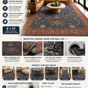 washable navy blue living room rug, 8x10 area rug for bedroom, dining room rugs for under table low pile non slip rubber backing stain resistant rug aethestic boho home decor (8x10 navy blue)