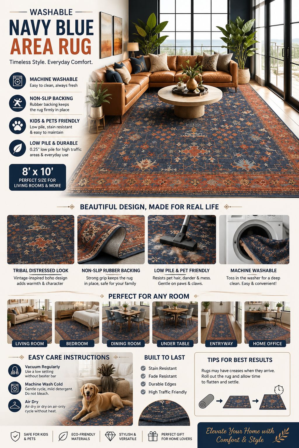 washable navy blue living room rug, 8x10 area rug for bedroom, dining room rugs for under table low pile non slip rubber backing stain resistant rug aethestic boho home decor (8x10 navy blue) washable navy blue living room rug, 8x10 area rug for bedroom, dining room rugs for under table low pile non slip rubber backing stain resistant rug aethestic boho home decor (8x10 navy blue)