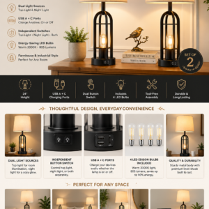 Black farmhouse table lamps set of two with linen fabric shades, USB-A and USB-C charging ports, dual lighting, and industrial metal frame for bedroom nightstands and living room end tables.