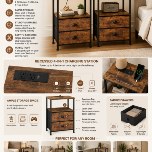 Rustic brown nightstands set of two with built-in charging station, USB-A and USB-C ports, AC outlets, open shelf, and fabric drawers for modern bedrooms.