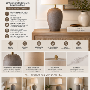 Rustic farmhouse ceramic table lamp with textured grey-brown base and beige linen shade for bedroom, living room, office, and bedside décor.