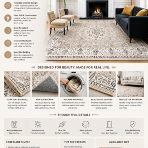 Large beige washable oriental area rug with vintage medallion pattern and non-slip backing for living room, bedroom, dining room, and nursery.