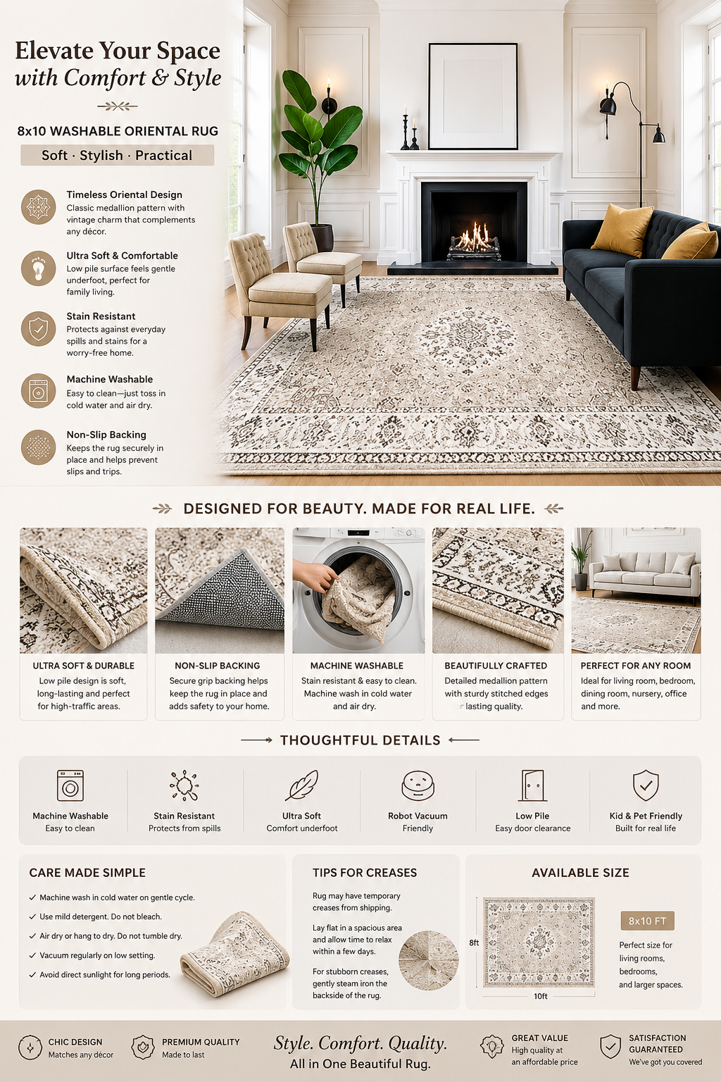 8x10 Washable Oriental Beige Area Rug Large beige washable oriental area rug with vintage medallion pattern and non-slip backing for living room, bedroom, dining room, and nursery.
