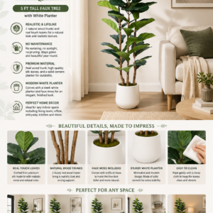 Realistic 5-foot artificial fiddle leaf fig tree with natural wood trunks and modern white planter for indoor home and office décor.
