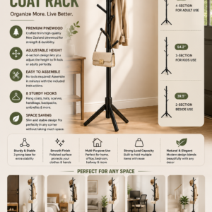 Freestanding wooden coat rack stand with 8 hooks for hanging coats, hats, scarves, handbags, and accessories in entryways and bedrooms.