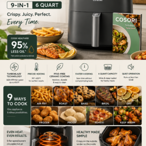 Cosori TurboBlaze 9 in 1 air fryer with 6 quart capacity and PFAS free ceramic coating for healthy cooking