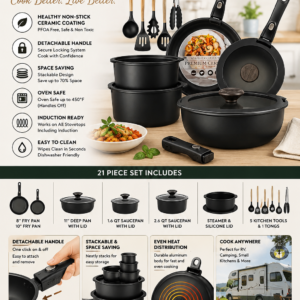 Astercook 21 piece non stick ceramic cookware set with detachable handles and stackable pots and pans for modern kitchens