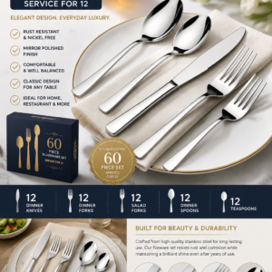 60 piece stainless steel silverware set for 12 featuring forks, spoons, knives, and elegant mirror polished flatware