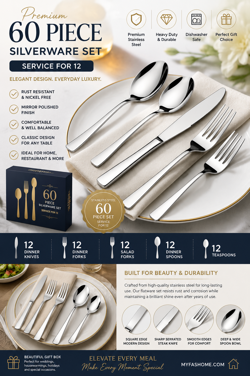 60 Piece Stainless Steel Silverware Set for 12 60 piece stainless steel silverware set for 12 featuring forks, spoons, knives, and elegant mirror polished flatware