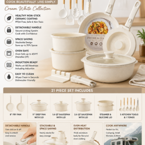 Astercook cream white ceramic cookware set with detachable handles and stackable pots and pans for modern kitchens
