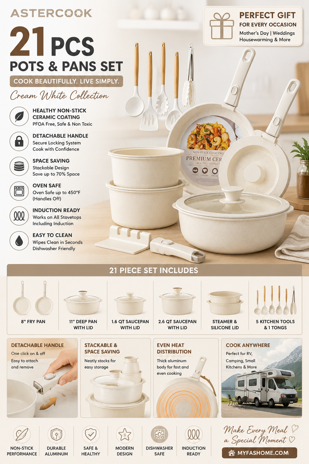 Astercook 21 Piece Ceramic Cookware Set Cream White Astercook cream white ceramic cookware set with detachable handles and stackable pots and pans for modern kitchens