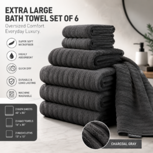 Extra Large Bath Towel Set of 6 in Charcoal Gray featuring oversized microfiber bath sheets, hand towels, and washcloths for luxury bathroom comfort.