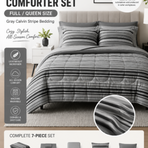 Amazon Basics Full Queen Comforter Set featuring gray Calvin stripe bedding with lightweight microfiber fabric for all-season comfort.