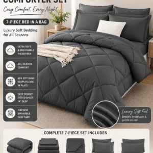 Dark grey queen comforter set with matching sheets, pillowcases, and shams featuring soft microfiber fabric and all-season comfort.