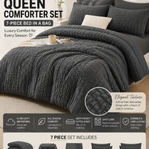 HYMOKEGE Queen Comforter Set Seersucker in dark grey featuring textured microfiber bedding with luxury 7-piece bed in a bag design.