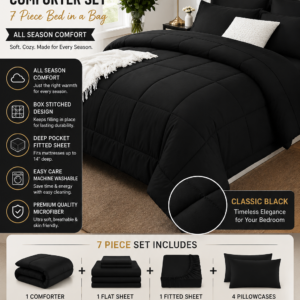 Black Queen Comforter Set with quilted microfiber comforter, fitted sheet, flat sheet, and pillowcases for all-season comfort.