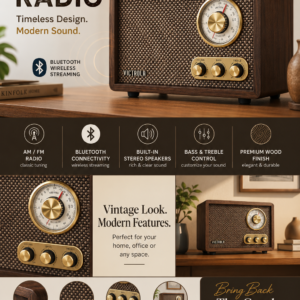 Victrola Willow retro wood Bluetooth radio with AM FM tuning and built in stereo speakers for vintage home decor
