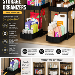 Black under sink organizer with pull-out drawers providing storage solutions for bathroom and kitchen cabinets.