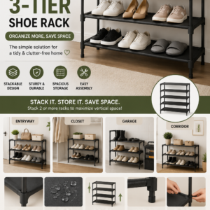 Black 3-tier shoe rack organizer with stackable shelves for storing sneakers, heels, slippers, and everyday footwear.