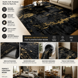 RELEANY washable area rug 8x10 with modern black and gold abstract design for living room and bedroom decor