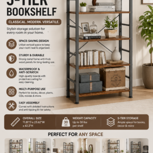 DUMOS 5-tier rustic brown bookshelf with metal frame displaying books, plants, and decorative items in a modern living room.