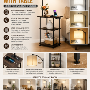 Modern floor lamp with side table, charging station, USB ports, storage shelves, and adjustable warm lighting for bedroom and living room use.