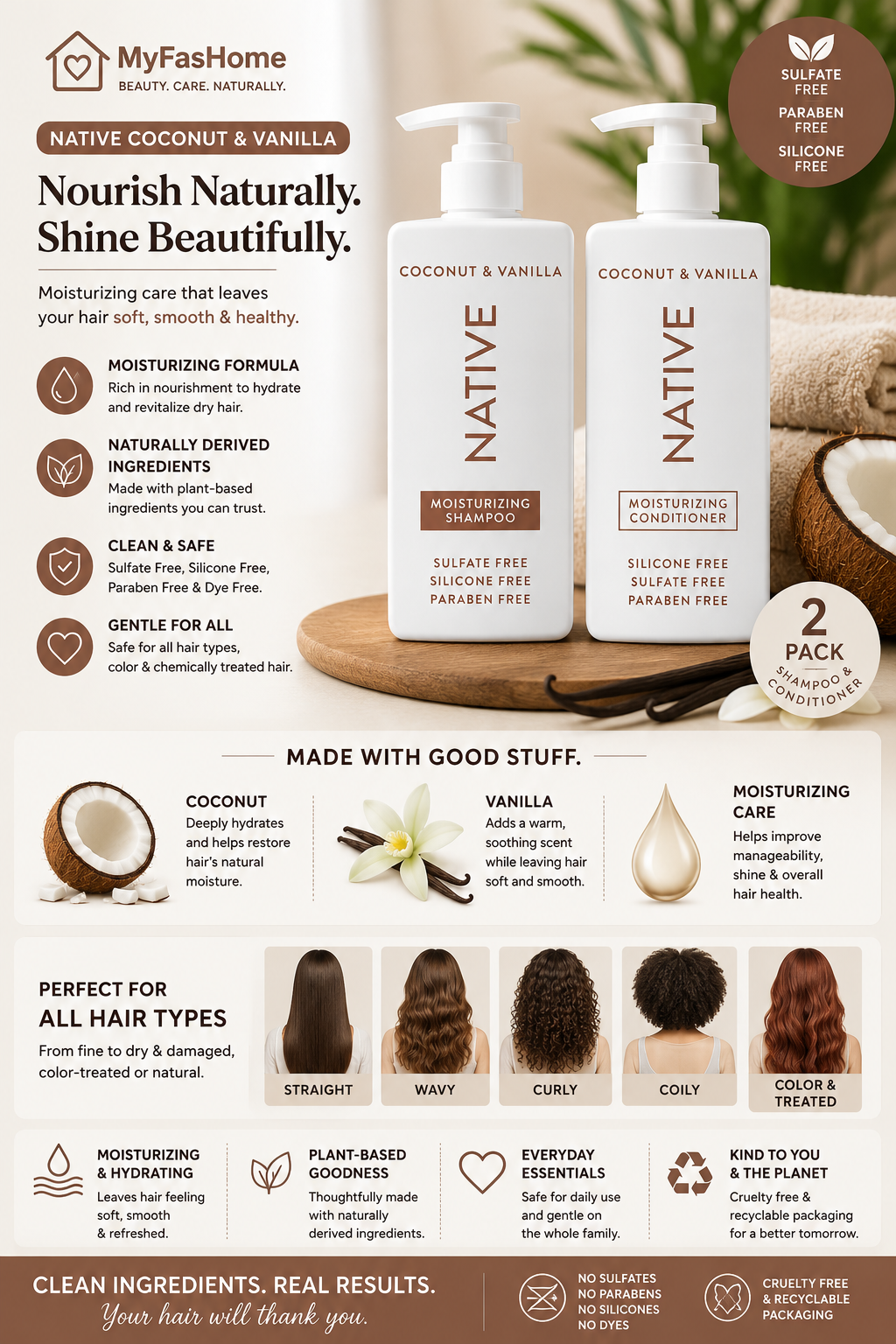 Native Coconut & Vanilla Shampoo and Conditioner Set Native Coconut and Vanilla Shampoo and Conditioner set with naturally derived ingredients for moisturizing and nourishing all hair types.