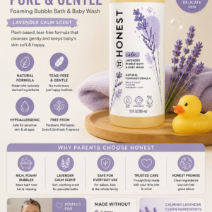 The Honest Company Bubble Bath and Baby Wash with lavender scent featuring a tear-free and hypoallergenic formula for gentle bath time care.