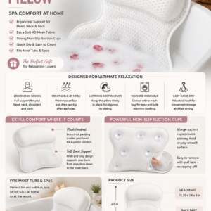 Luxury bathtub pillow with soft 4D mesh fabric providing neck and back support for a comfortable and relaxing bath experience.