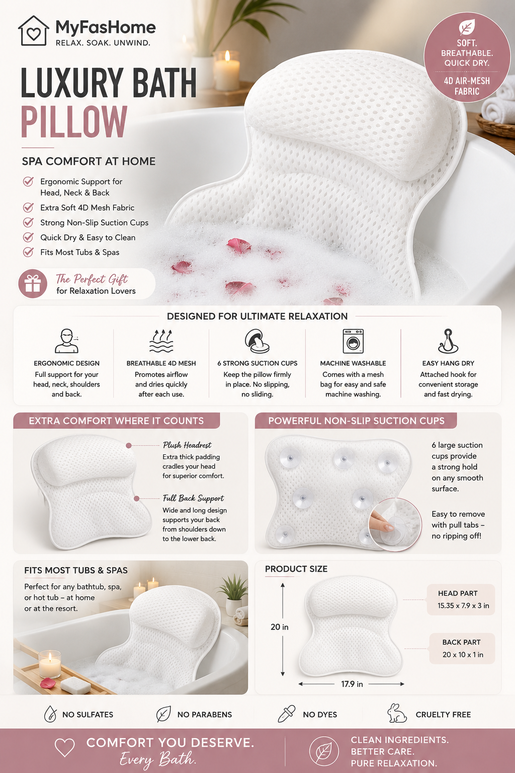 Luxury Bath Pillow for Tub Luxury bathtub pillow with soft 4D mesh fabric providing neck and back support for a comfortable and relaxing bath experience.