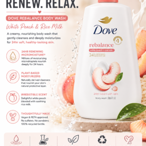 Dove Rebalance Body Wash White Peach and Rice Milk moisturizing cleanser with 24-hour hydration and sulfate-free formula.
