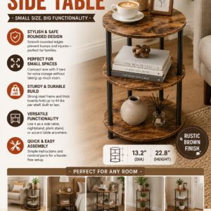 Small round coffee table with three storage shelves and rustic brown finish used as a bedside and accent table in a modern bedroom.