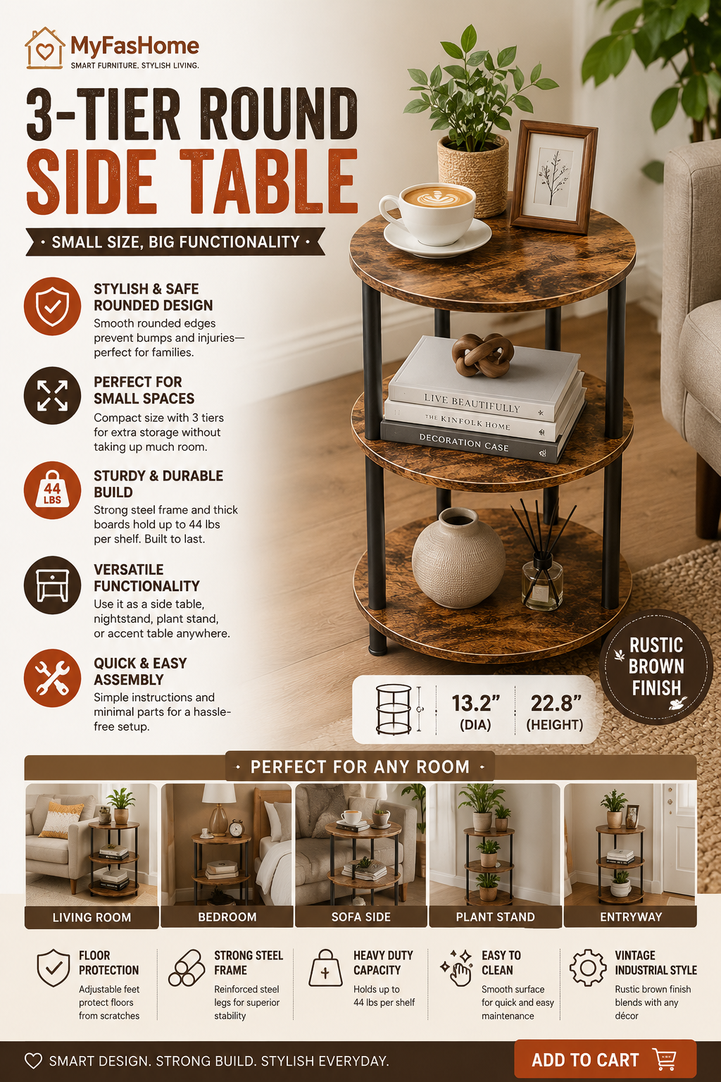 Small Round Coffee Table 3 Tier Rustic Brown Small round coffee table with three storage shelves and rustic brown finish used as a bedside and accent table in a modern bedroom.