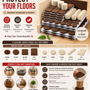 X-Protector premium felt furniture pads set with brown and beige floor protectors designed to prevent scratches on hardwood and laminate floors.