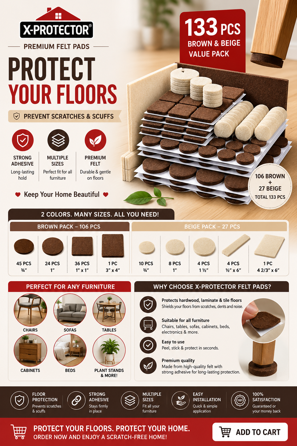 X-Protector Premium Felt Furniture Pads 133 PCS X-Protector premium felt furniture pads set with brown and beige floor protectors designed to prevent scratches on hardwood and laminate floors.