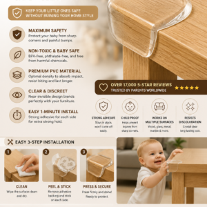 Clear baby corner protectors installed on furniture corners to help prevent bumps and injuries in child-safe homes.
