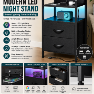 Modern black LED nightstand with charging station, USB ports, storage shelf, and two drawers for bedroom organization.