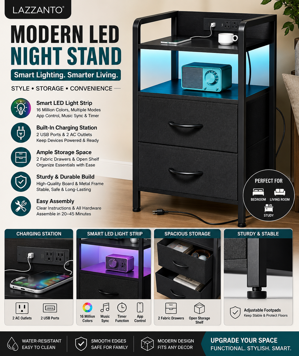 LED Nightstand with Charging Station Modern black LED nightstand with charging station, USB ports, storage shelf, and two drawers for bedroom organization.