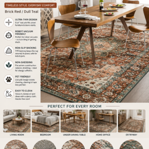 Moynesa 8x10 vintage oriental area rug in brick red and dull teal with ultra thin non slip design for dining room decor