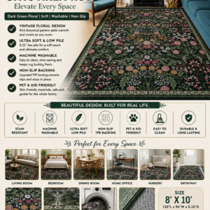 Dark green floral washable area rug with vintage botanical pattern for living room, bedroom, and farmhouse home decor