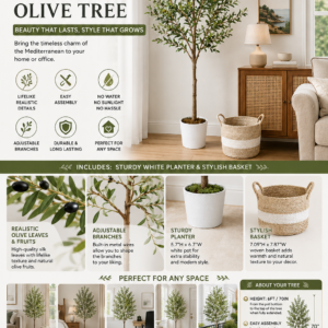 6FT artificial olive tree with realistic leaves, planter, and woven basket for living room and home decor