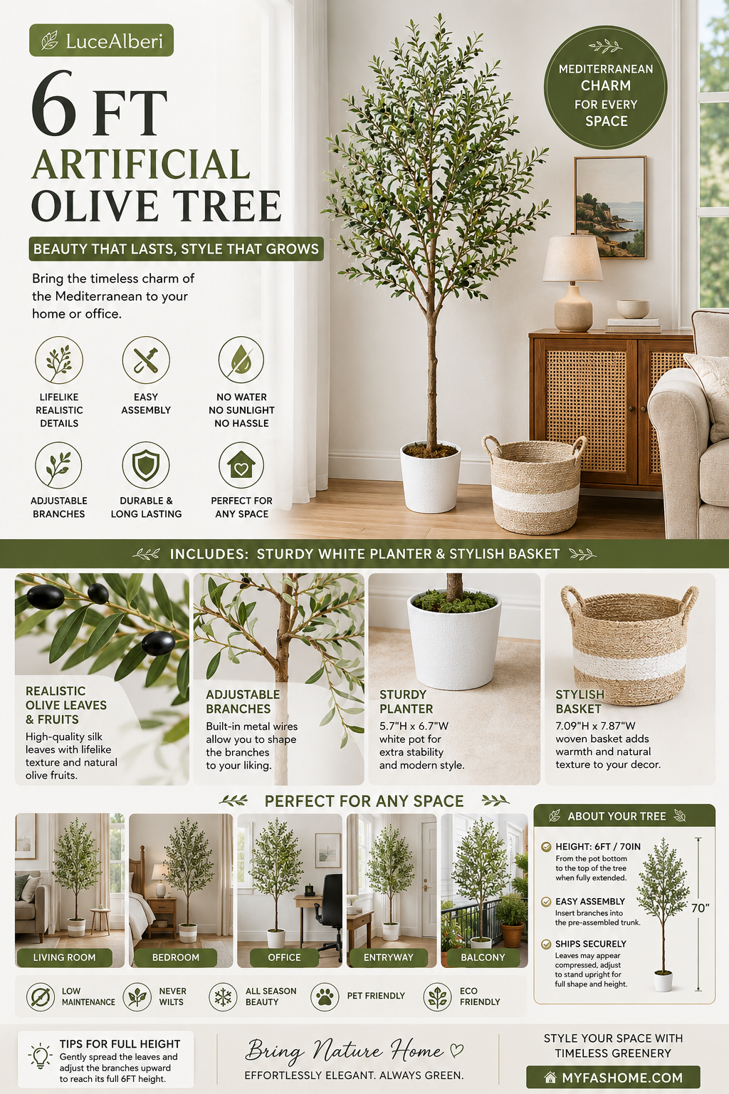 6FT Artificial Olive Tree with Planter and Basket 6FT artificial olive tree with realistic leaves, planter, and woven basket for living room and home decor